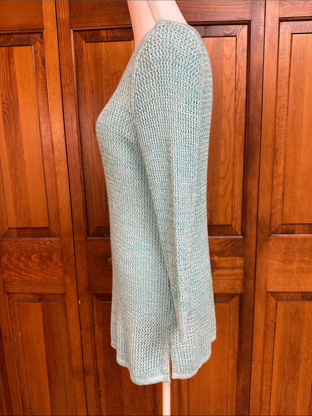 Chicos Light Teal Open Knit Scoop Neck Women’s Tunic Sweater Size 1 - Picture 4 of 8